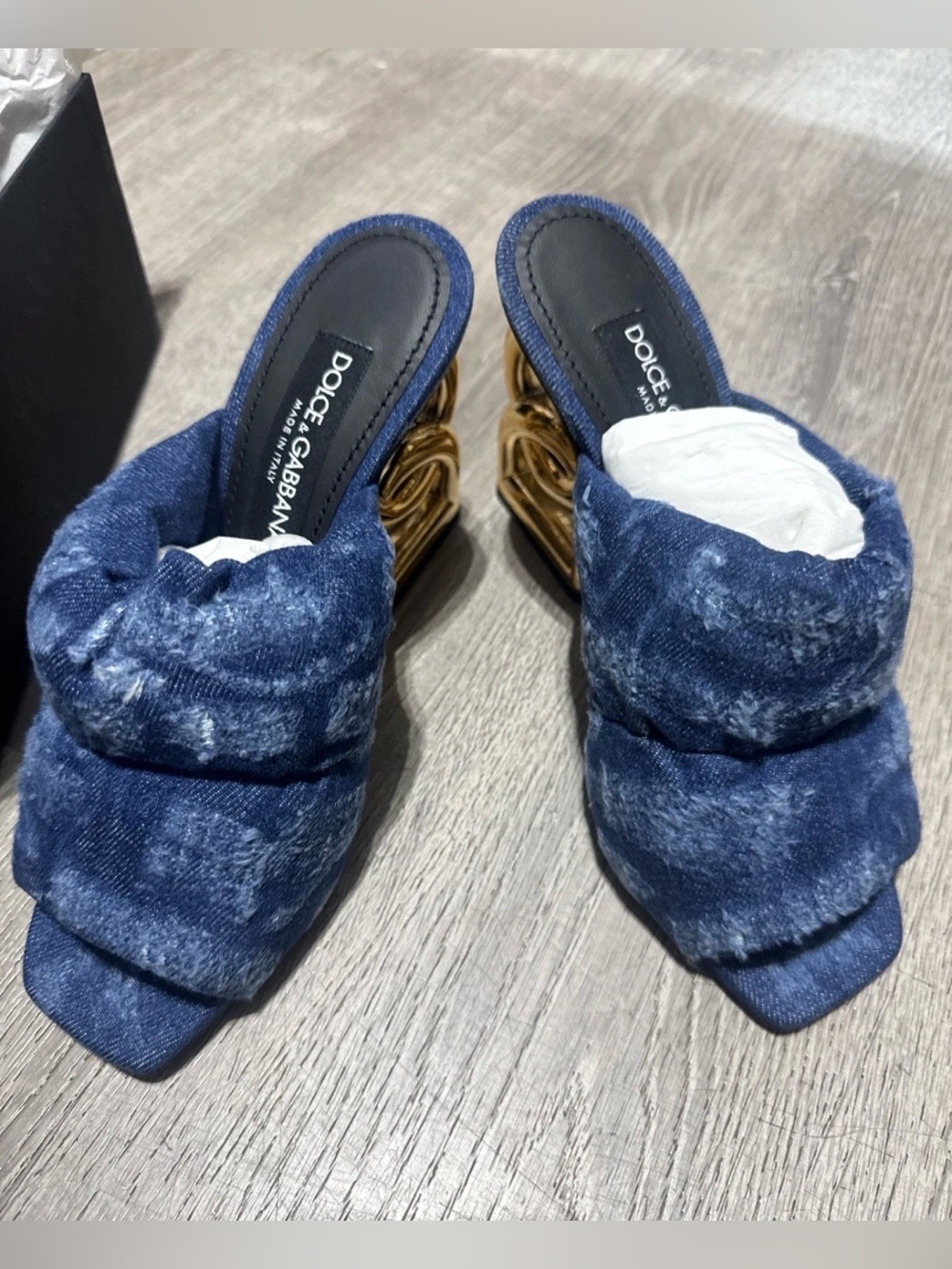 Dolce & Gabbana Quilted Blue Denim Mules with Sculpted Gold Heel